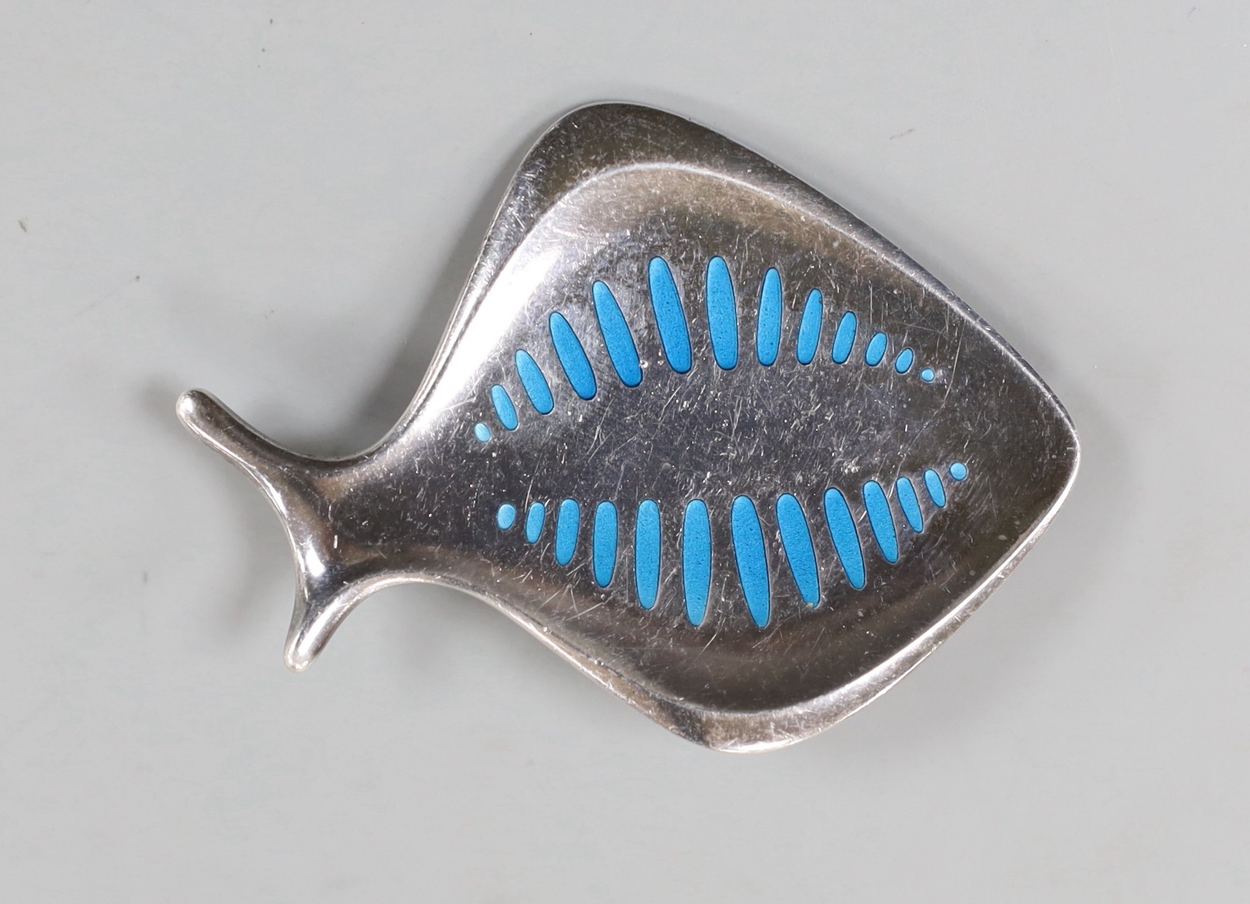 A Georg Jensen sterling and enamel stylised fish brooch, design no. 343, 58mm.